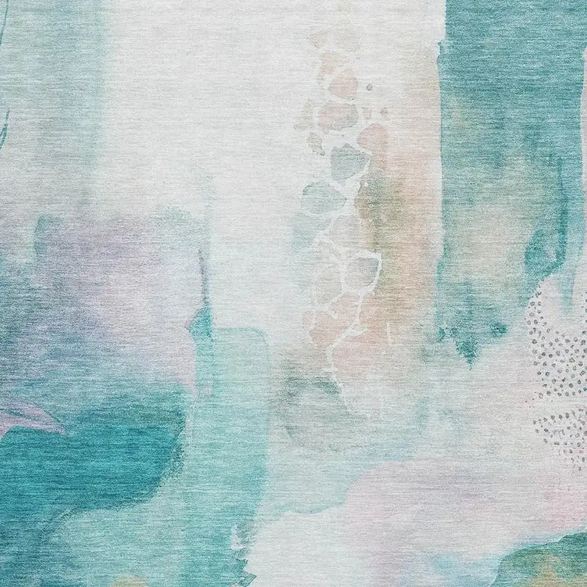 Turquoise And Ivory Abstract Washable Area Rug With UV Protection Photo 3
