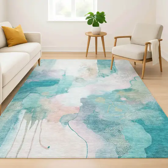 Turquoise And Ivory Abstract Washable Area Rug With UV Protection Photo 6