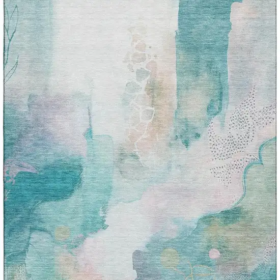 Turquoise And Ivory Abstract Washable Area Rug With UV Protection Photo 4