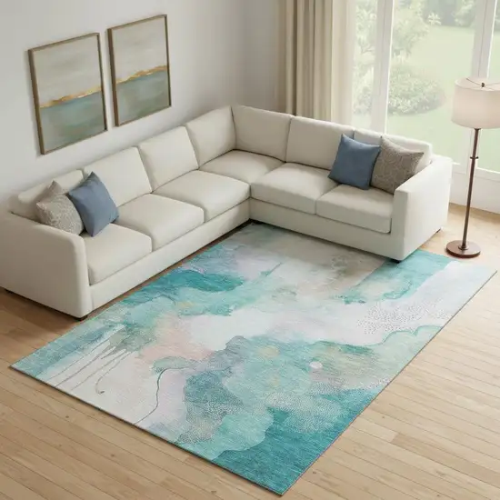 Turquoise And Ivory Abstract Washable Area Rug With UV Protection Photo 2
