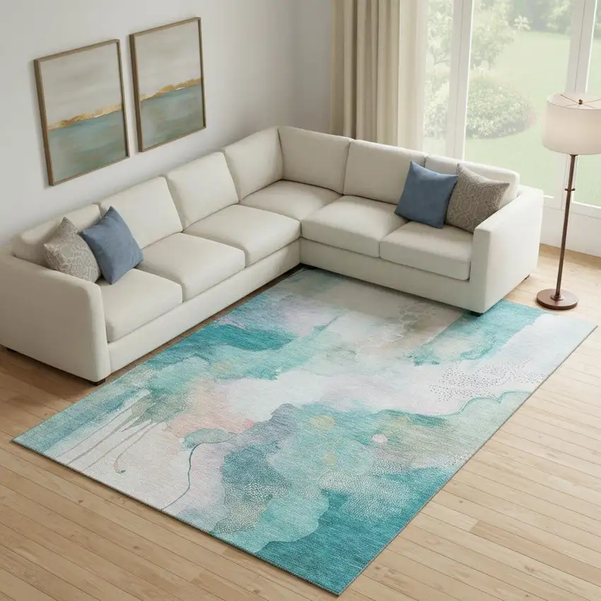 Turquoise And Ivory Abstract Washable Area Rug With UV Protection Photo 2