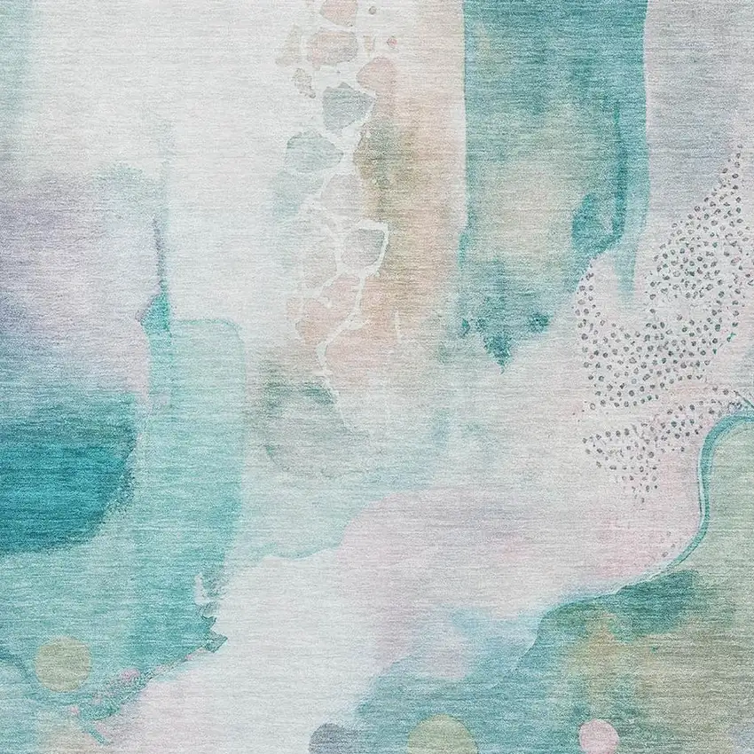 Turquoise And Ivory Abstract Washable Area Rug With UV Protection Photo 3