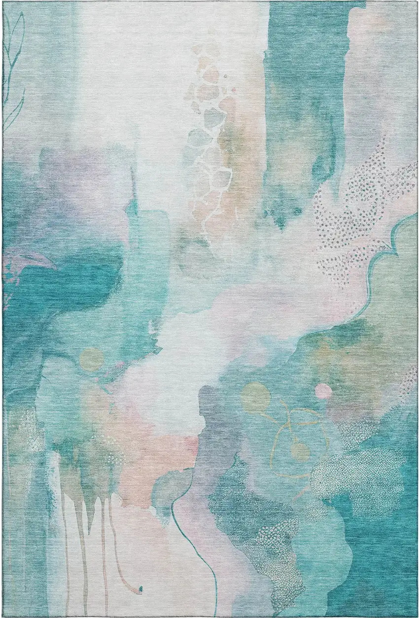 Turquoise And Ivory Abstract Washable Area Rug With UV Protection Photo 1