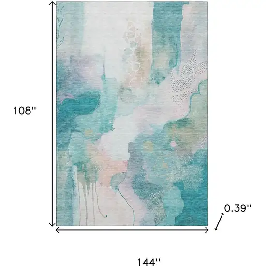 Turquoise And Ivory Abstract Washable Area Rug With UV Protection Photo 9