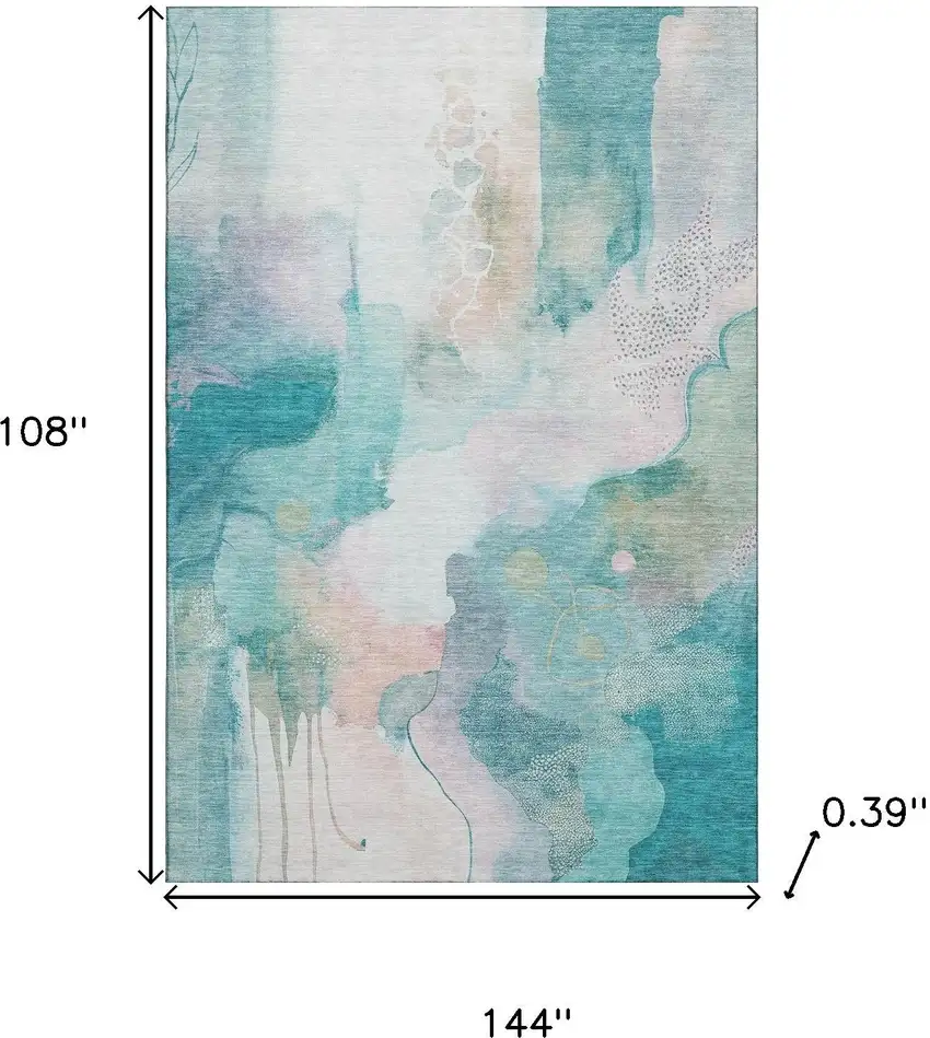 Turquoise And Ivory Abstract Washable Area Rug With UV Protection Photo 9