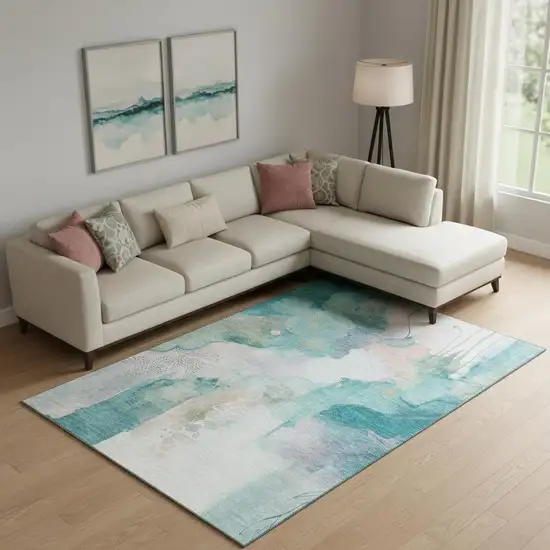 Turquoise And Ivory Abstract Washable Area Rug With UV Protection Photo 2