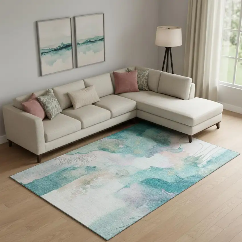 Turquoise And Ivory Abstract Washable Area Rug With UV Protection Photo 2