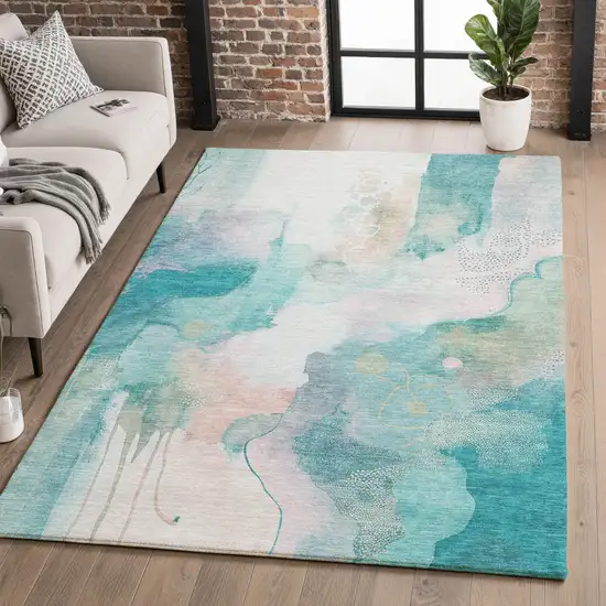 Turquoise And Ivory Abstract Washable Area Rug With UV Protection Photo 5