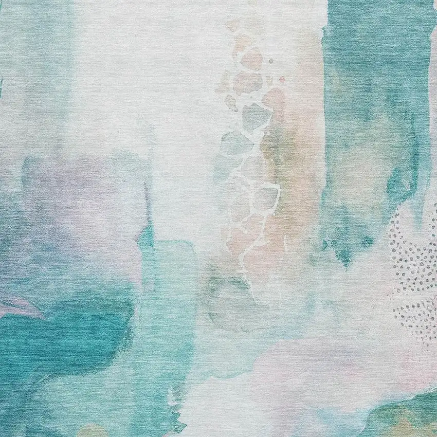 Turquoise And Ivory Abstract Washable Area Rug With UV Protection Photo 3