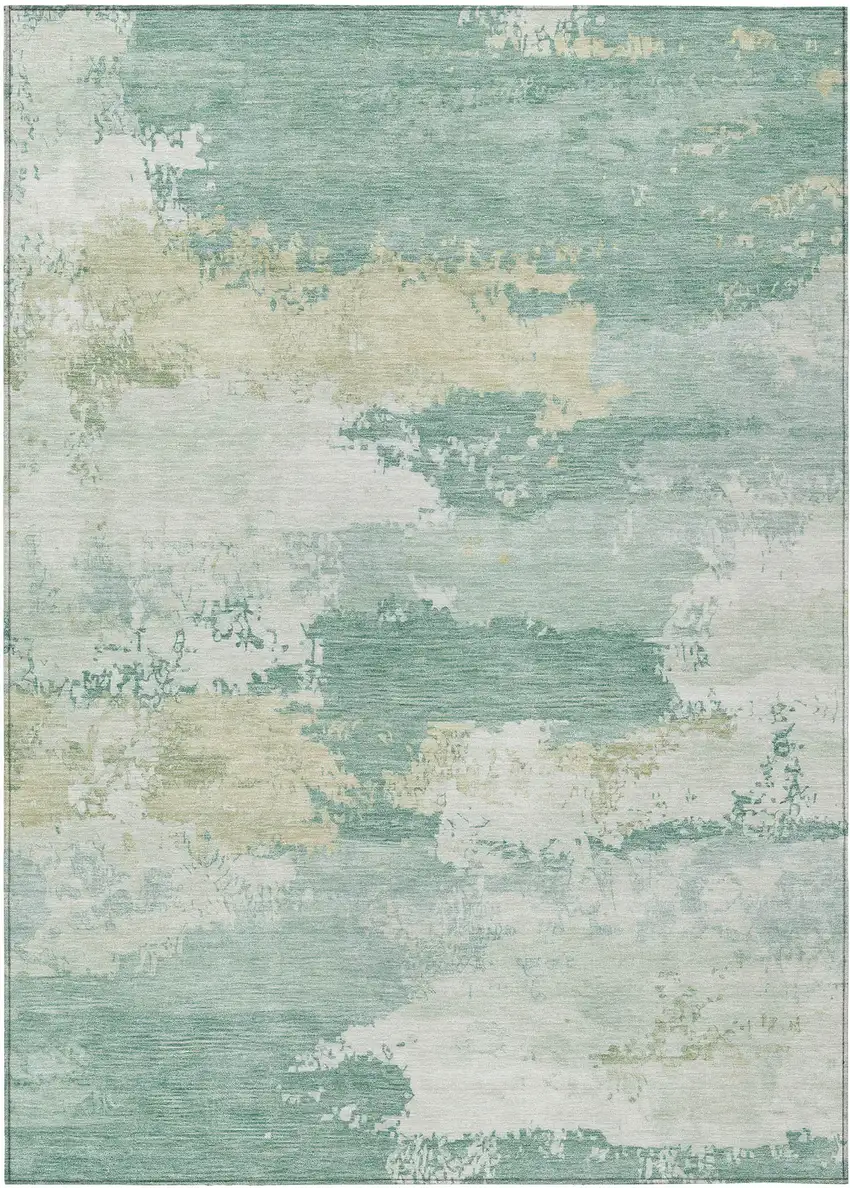 Turquoise And Ivory Abstract Washable Indoor Outdoor Area Rug Photo 1