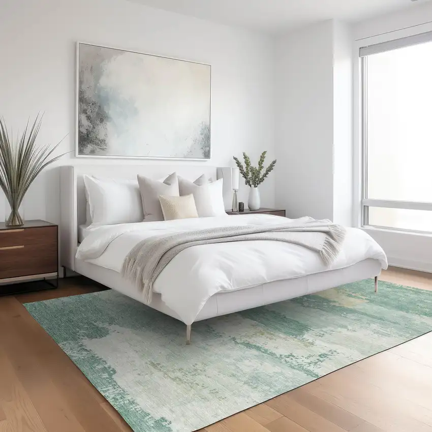 Turquoise And Ivory Abstract Washable Indoor Outdoor Area Rug Photo 6