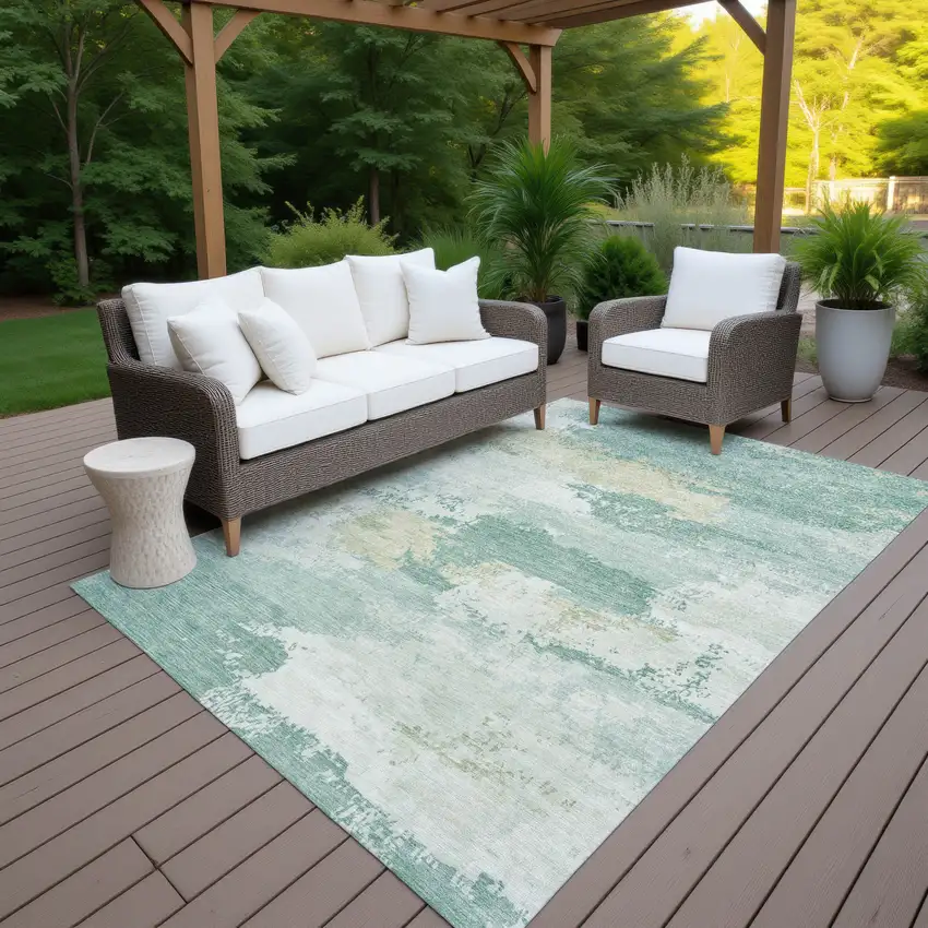 Turquoise And Ivory Abstract Washable Indoor Outdoor Area Rug Photo 7