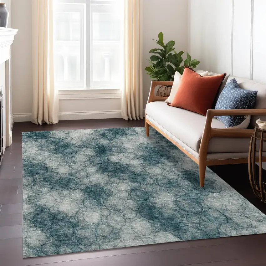 Turquoise And Ivory Abstract Washable Indoor Outdoor Area Rug Photo 6