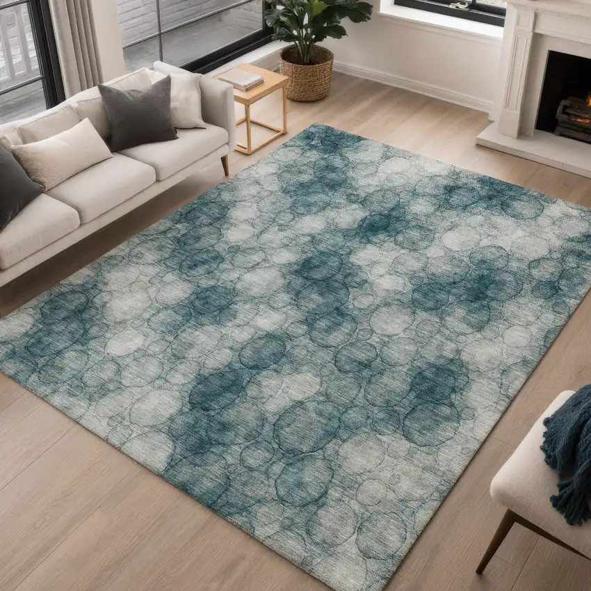 Turquoise And Ivory Abstract Washable Indoor Outdoor Area Rug Photo 5