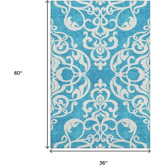 Turquoise And Ivory Damask Washable Area Rug With UV Protection Photo 9