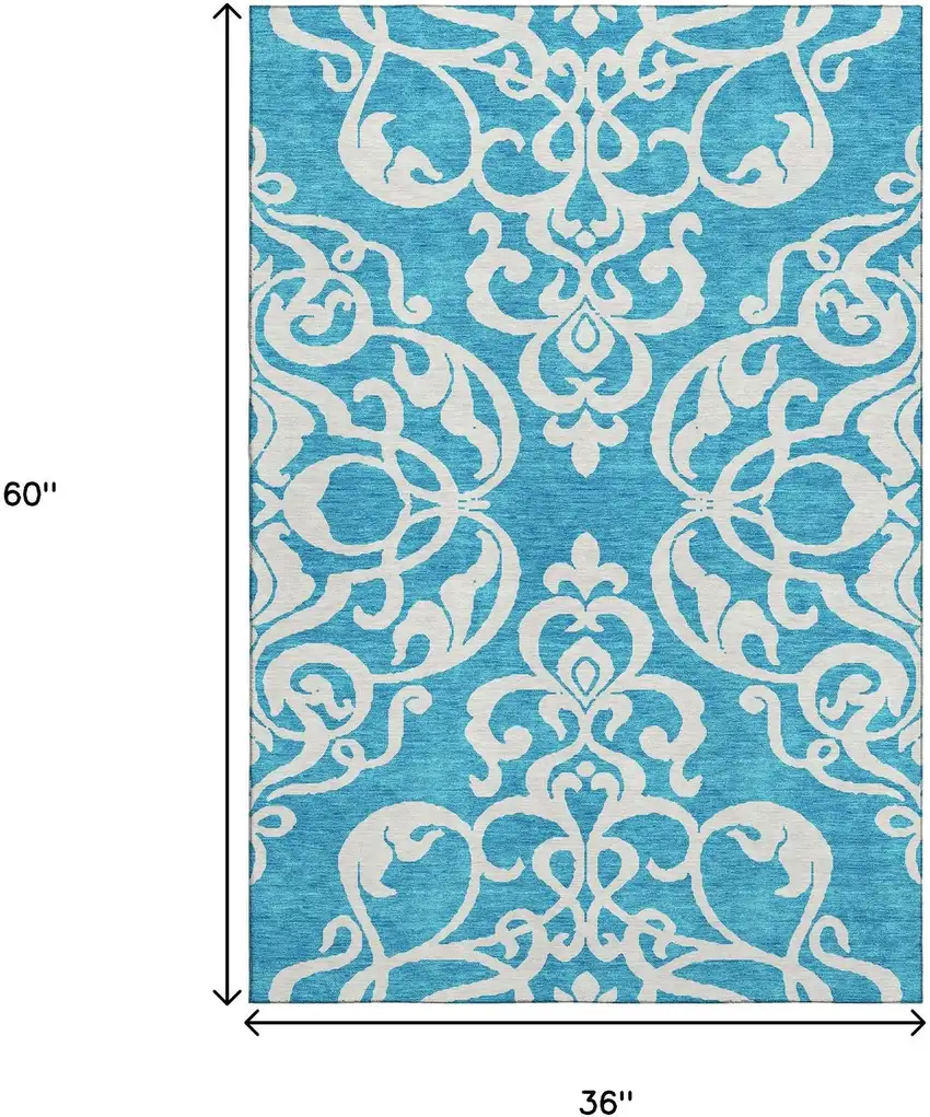 Turquoise And Ivory Damask Washable Area Rug With UV Protection Photo 9