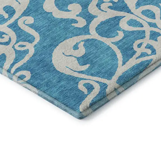 Turquoise And Ivory Damask Washable Area Rug With UV Protection Photo 6