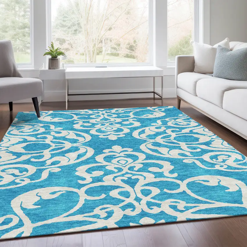 Turquoise And Ivory Damask Washable Area Rug With UV Protection Photo 4