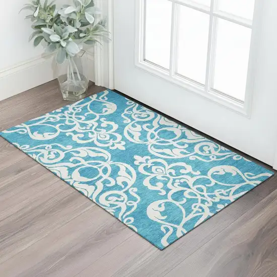 Turquoise And Ivory Damask Washable Area Rug With UV Protection Photo 2