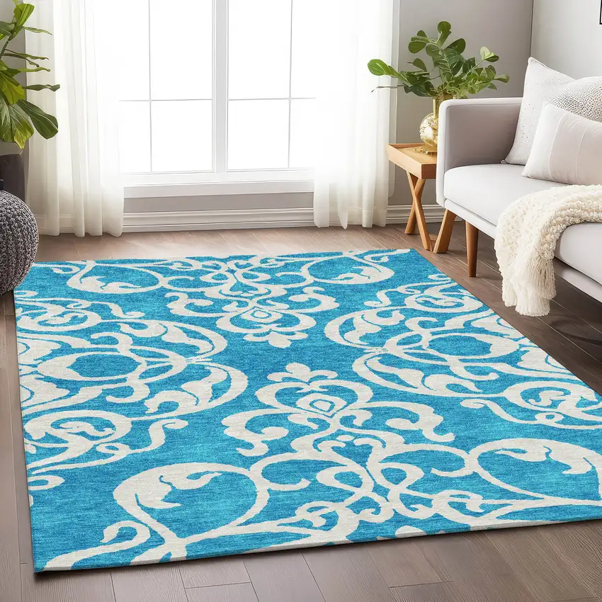 Turquoise And Ivory Damask Washable Area Rug With UV Protection Photo 4