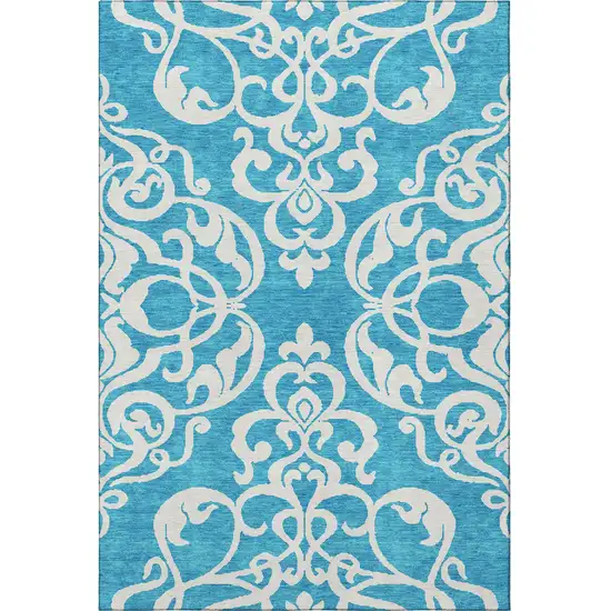 Turquoise And Ivory Damask Washable Area Rug With UV Protection Photo 3