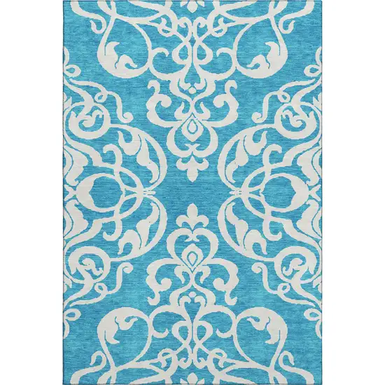Turquoise And Ivory Damask Washable Area Rug With UV Protection Photo 1