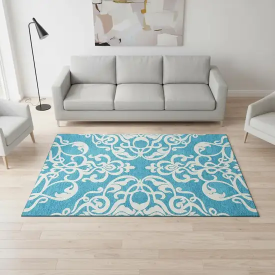 Turquoise And Ivory Damask Washable Area Rug With UV Protection Photo 2
