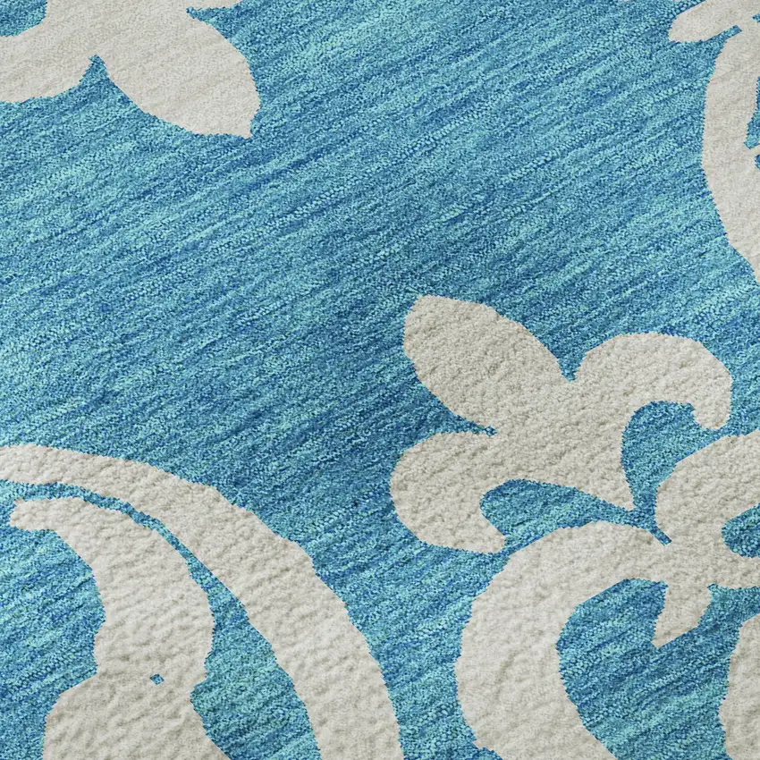 Turquoise And Ivory Damask Washable Area Rug With UV Protection Photo 9