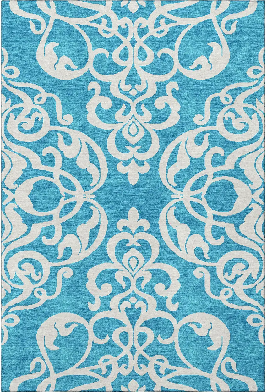 Turquoise And Ivory Damask Washable Area Rug With UV Protection Photo 3