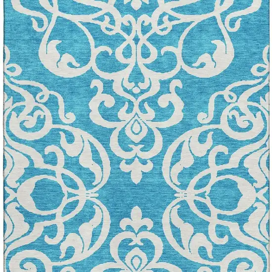 Turquoise And Ivory Damask Washable Area Rug With UV Protection Photo 2