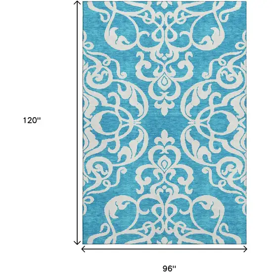 Turquoise And Ivory Damask Washable Area Rug With UV Protection Photo 8