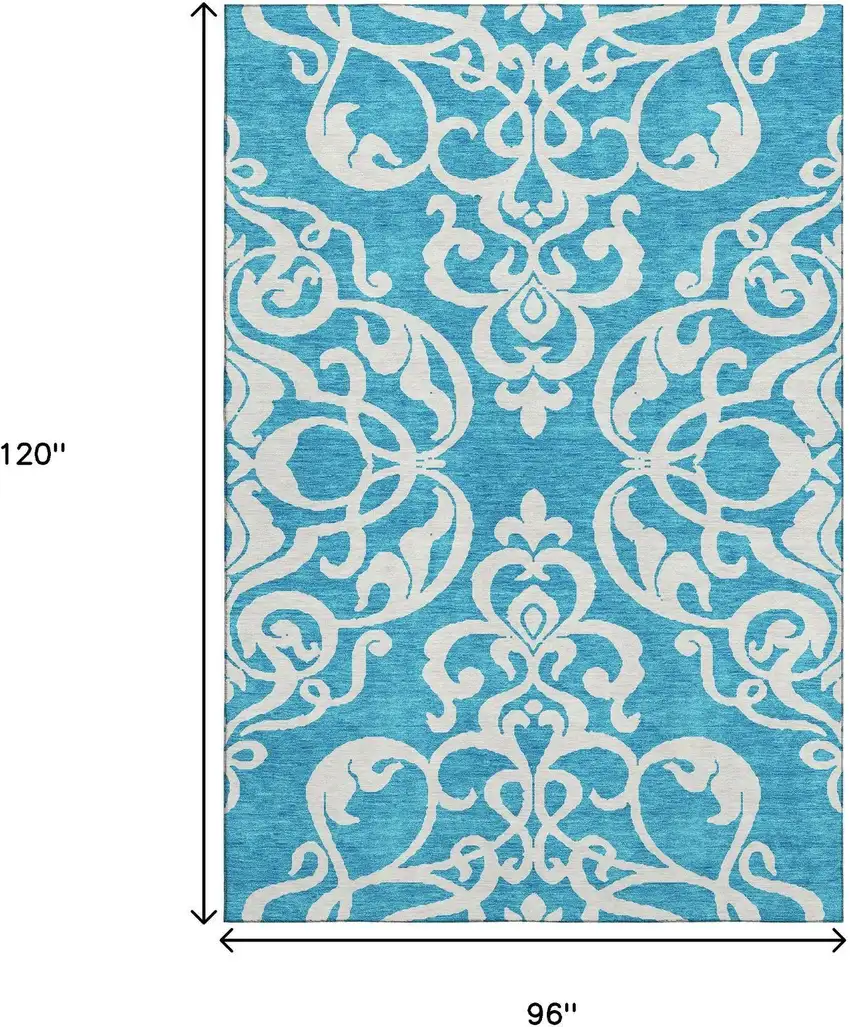 Turquoise And Ivory Damask Washable Area Rug With UV Protection Photo 8