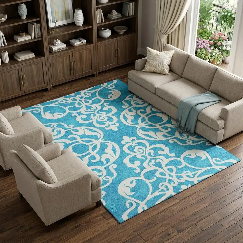 Turquoise And Ivory Damask Washable Area Rug With UV Protection Photo 1