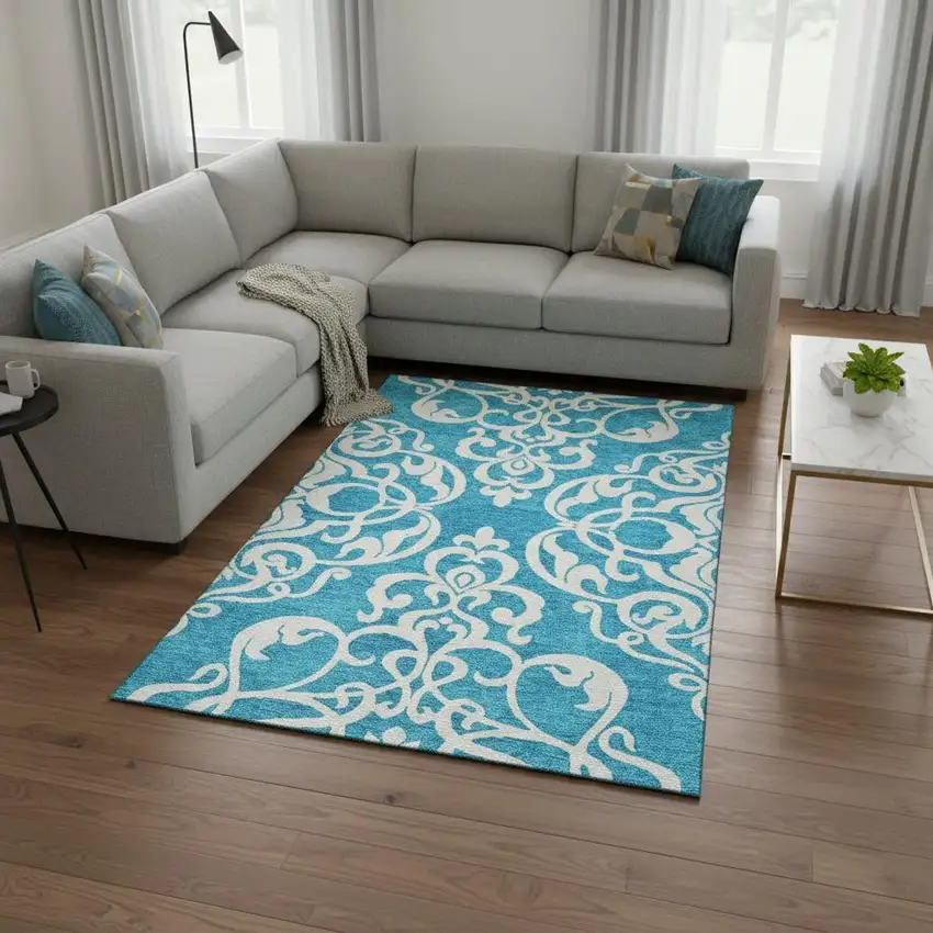 Turquoise And Ivory Damask Washable Area Rug With UV Protection Photo 2