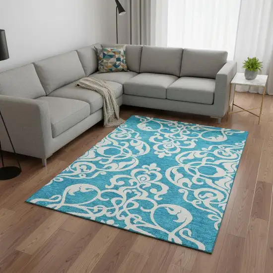 Turquoise And Ivory Damask Washable Area Rug With UV Protection Photo 2