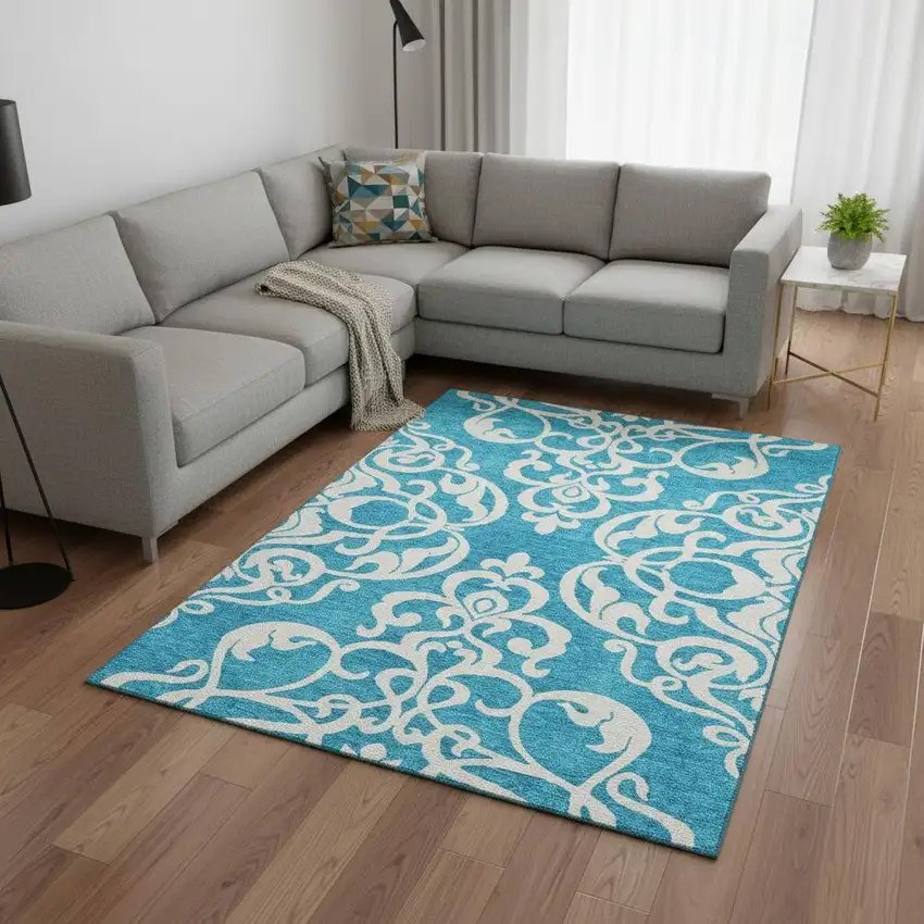Turquoise And Ivory Damask Washable Area Rug With UV Protection Photo 2