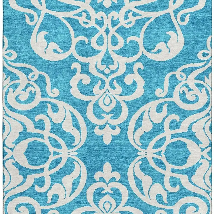 Turquoise And Ivory Damask Washable Area Rug With UV Protection Photo 3