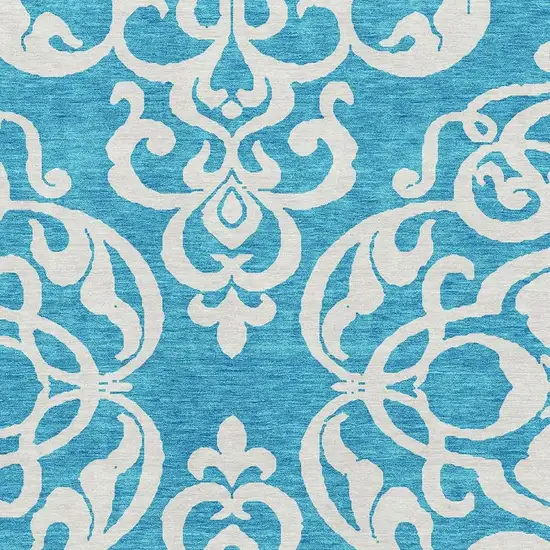 Turquoise And Ivory Damask Washable Area Rug With UV Protection Photo 2
