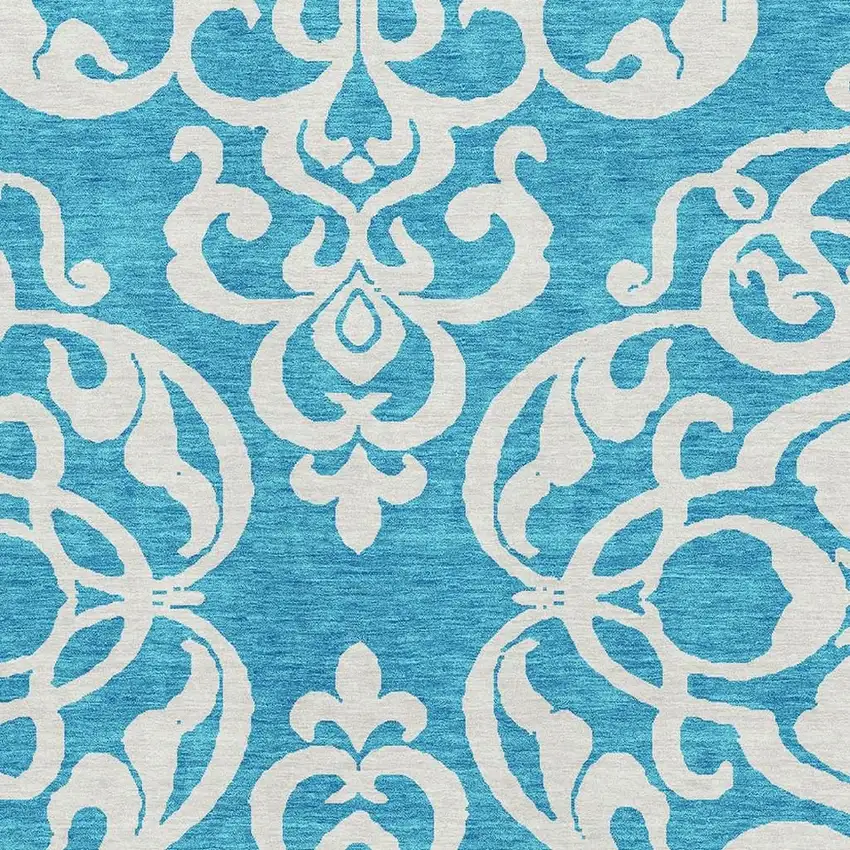 Turquoise And Ivory Damask Washable Area Rug With UV Protection Photo 2