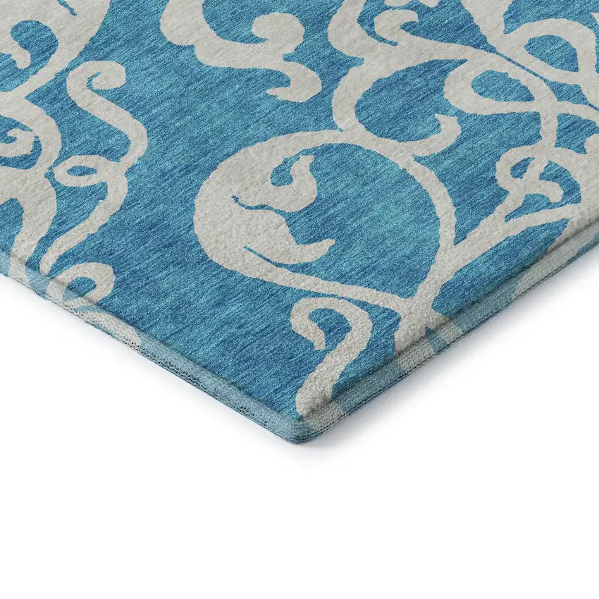 Turquoise And Ivory Damask Washable Area Rug With UV Protection Photo 7