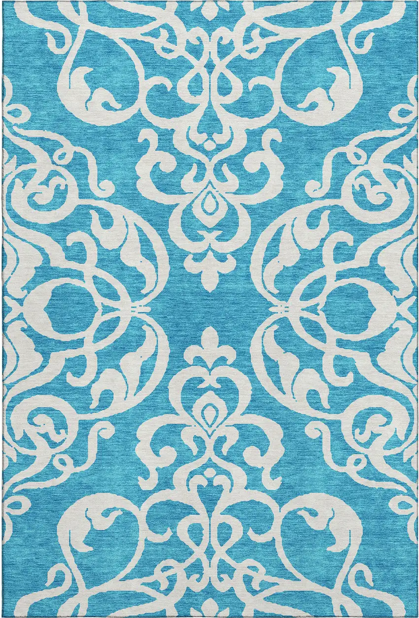 Turquoise And Ivory Damask Washable Area Rug With UV Protection Photo 1