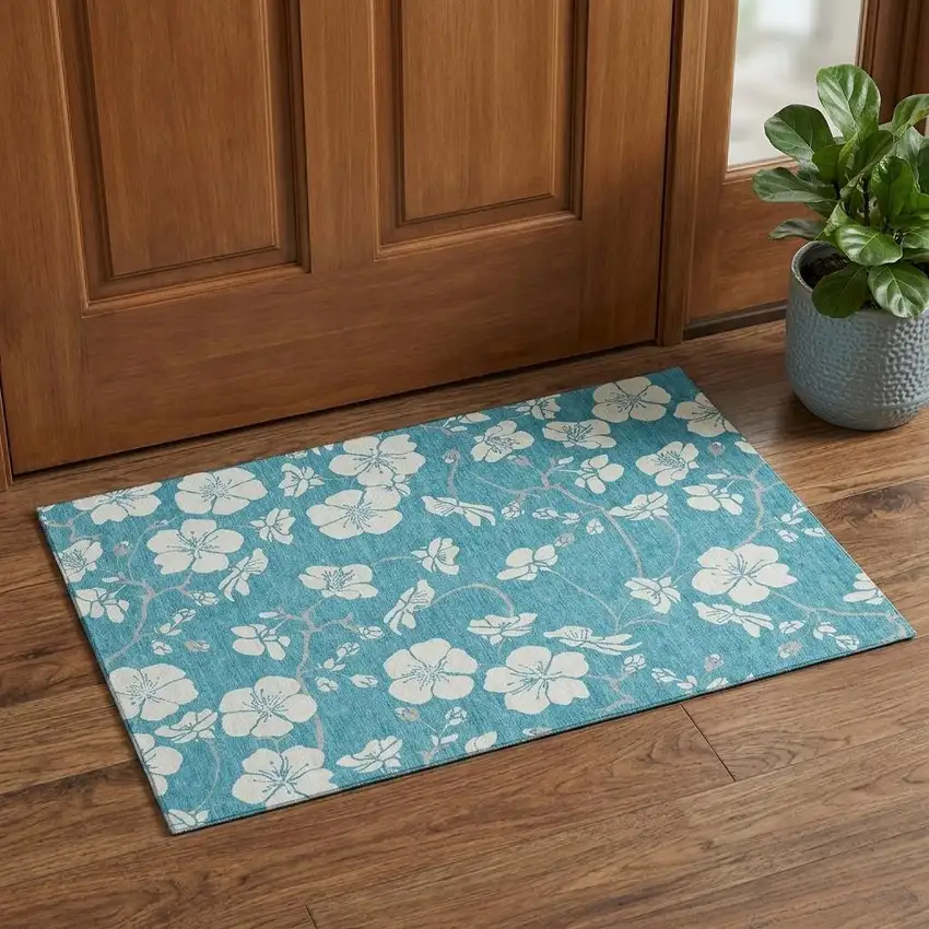 Turquoise And Ivory Floral Washable Area Rug With UV Protection Photo 1