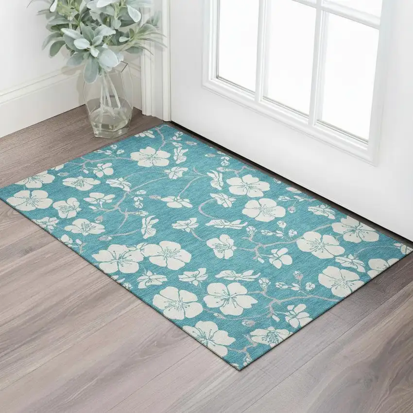 Turquoise And Ivory Floral Washable Area Rug With UV Protection Photo 2