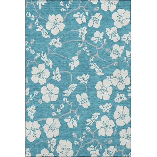 Turquoise And Ivory Floral Washable Area Rug With UV Protection Photo 3