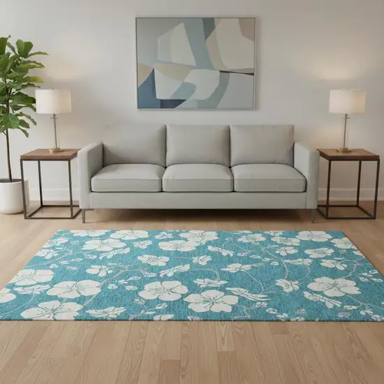 Turquoise And Ivory Floral Washable Area Rug With UV Protection Photo 2