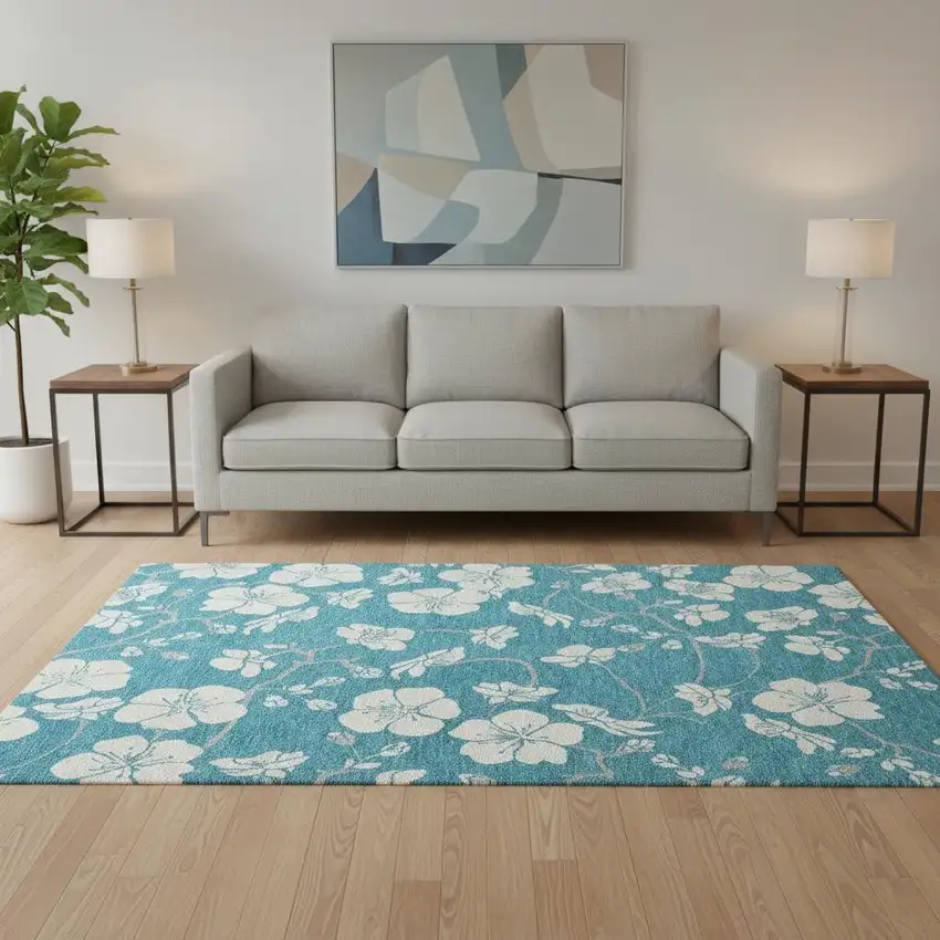 Turquoise And Ivory Floral Washable Area Rug With UV Protection Photo 2