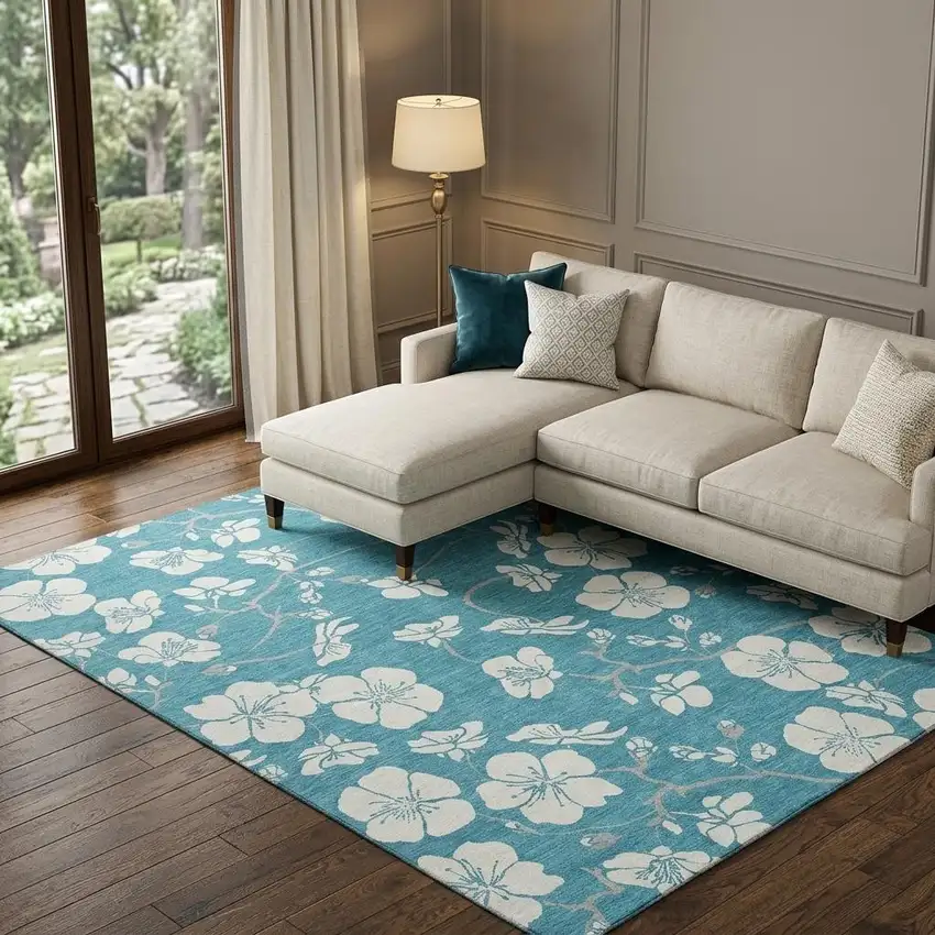 Turquoise And Ivory Floral Washable Area Rug With UV Protection Photo 1