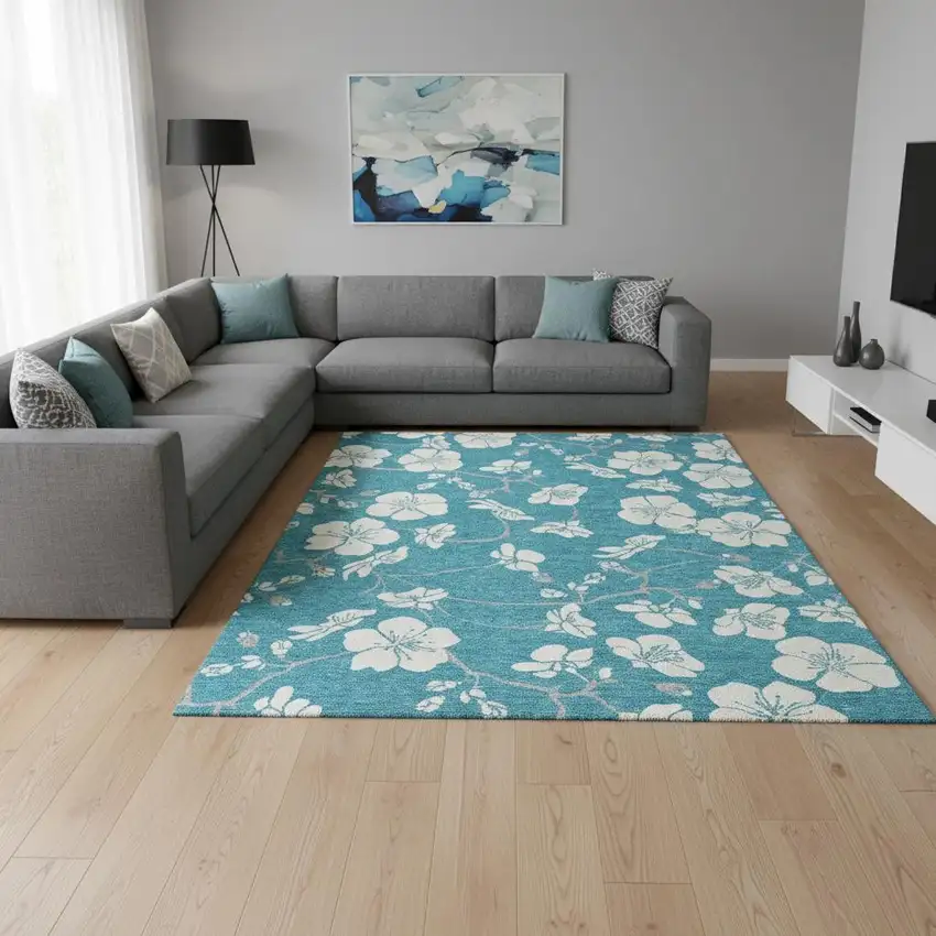 Turquoise And Ivory Floral Washable Area Rug With UV Protection Photo 2