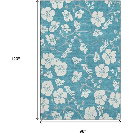 Turquoise And Ivory Floral Washable Area Rug With UV Protection Photo 8