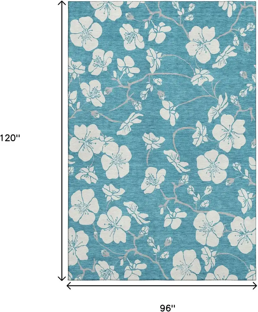 Turquoise And Ivory Floral Washable Area Rug With UV Protection Photo 8